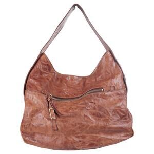 STUART WEITZMAN Hobo Shoulder Bag Brown Crinkle Leather Zip Top Large Slouch